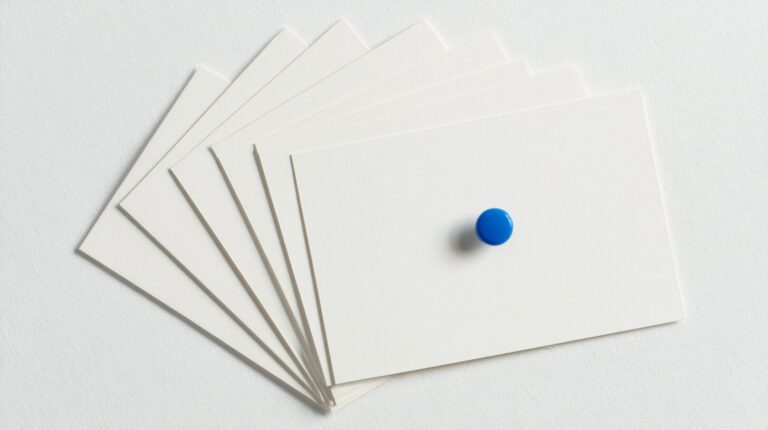 Overhead flat-lay of five vendor cards fanned on pale linen with one lifted and marked by a blue pin, representing software development company selection.