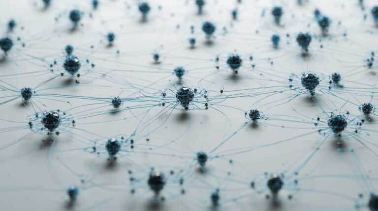 Geometric IoT devices scattered on a white surface connected by faint light arcs forming a constellation, symbolising a connected IoT ecosystem.