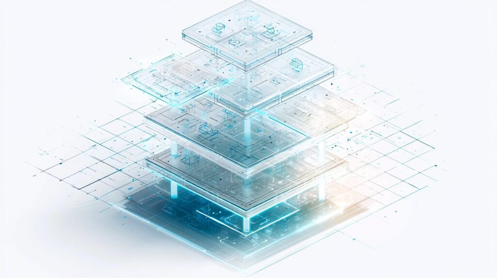 Isometric exploded view of five translucent platforms stacked vertically showing the device, edge, connectivity, cloud and application layers of an IoT stack.