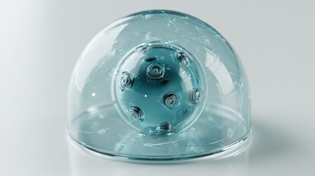 A cluster of sensor devices inside a translucent spherical shield dome with geometric locks orbiting the surface, representing IoT security.