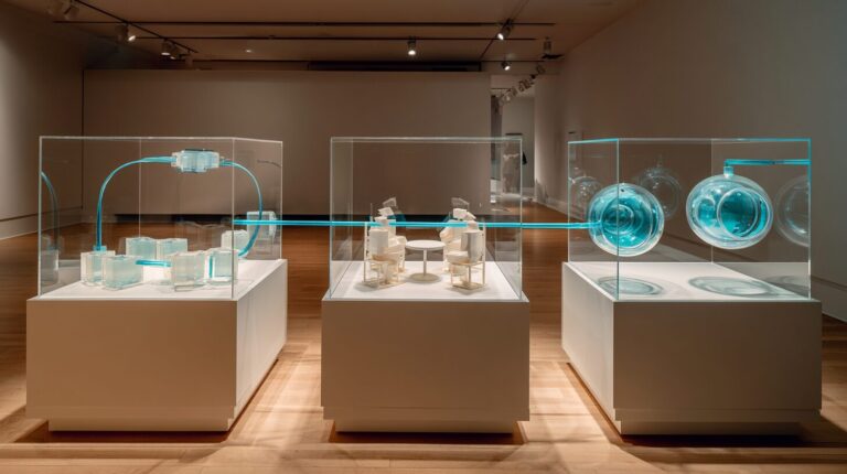 Triptych of three dioramas showing a linked chain, a round crew table and two dialogue spheres, representing LangChain, CrewAI and AutoGen.