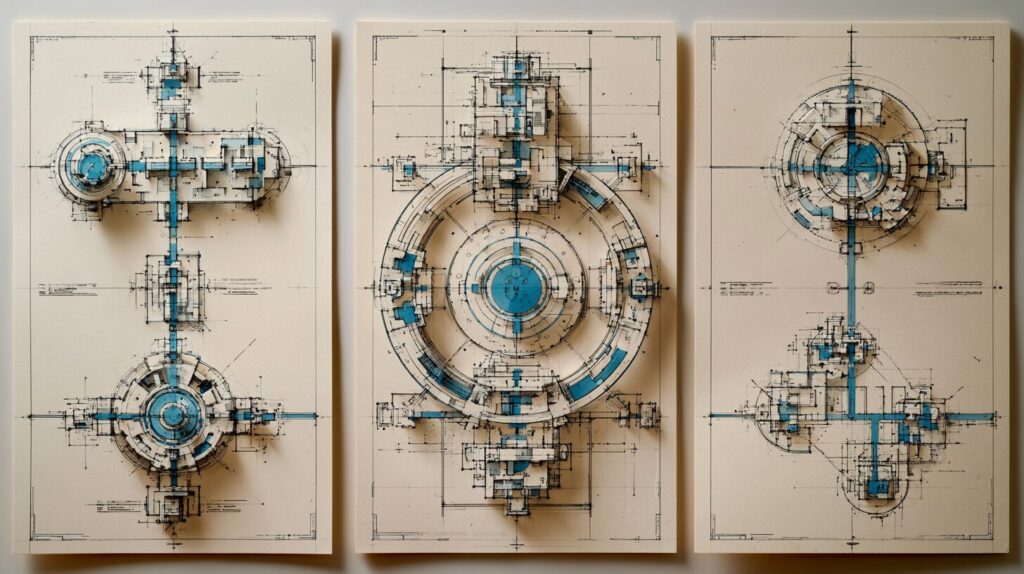 Three side-by-side blueprint floor plans of a linear chain, a circular crew and branching dialogues, comparing AI agent framework architectures.