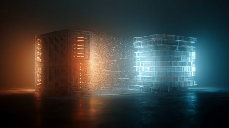 A vintage mainframe on the left dissolving into modern translucent cloud-native blocks on the right, symbolising legacy system modernization.