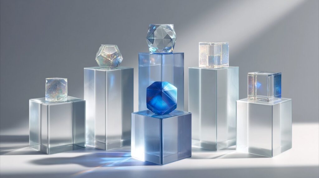 Five translucent pedestals displaying small artifacts representing the encapsulate, rehost, replatform, refactor and rebuild modernization strategies.