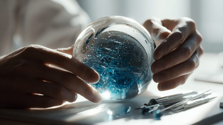 Minimalist sculptor hands refining a translucent LLM sphere on a workbench with geometric chisels, representing LLM fine-tuning.