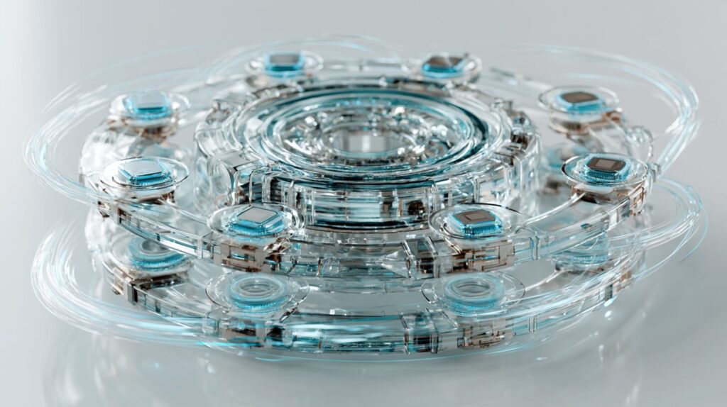 A translucent LLM core with modular adapter chips clicking into orbital slots around it, illustrating LoRA parameter-efficient fine-tuning.