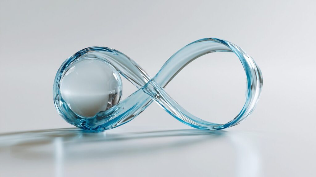 A translucent glass ribbon flowing between an AI sphere and a feedback paddle in an infinity loop, representing RLHF preference training.