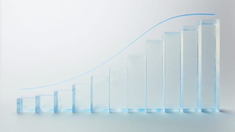 A 3D landscape of translucent glass bars rising from left to right with a soft ROI curve arcing above them, symbolising ML business returns.