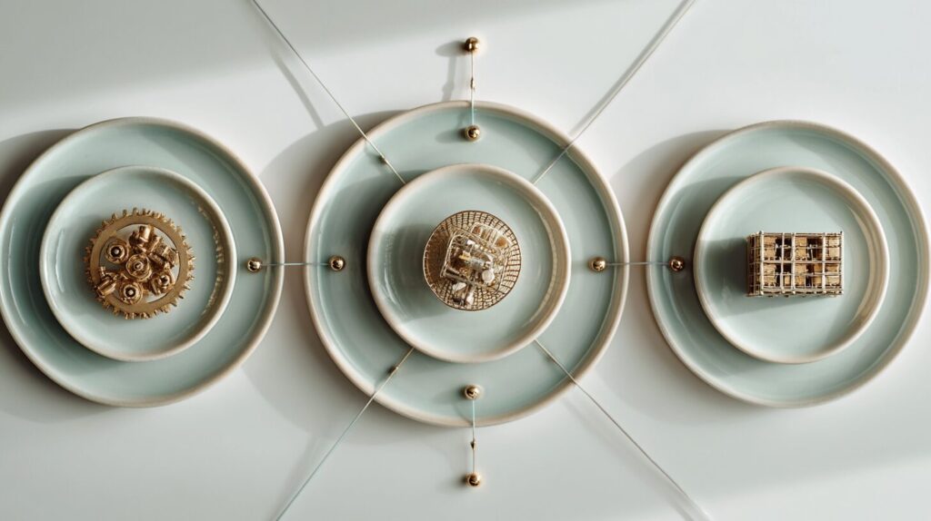 Three pale ceramic dishes holding miniature factory, retail and warehouse objects connected by thin light lines, representing ML applications across industries.