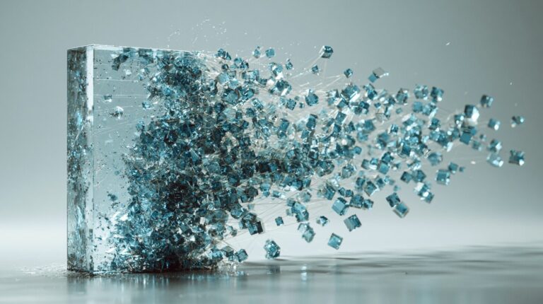 A solid translucent monolith block on the left captured mid-shatter into interconnected floating cubes on the right, illustrating microservices decomposition.