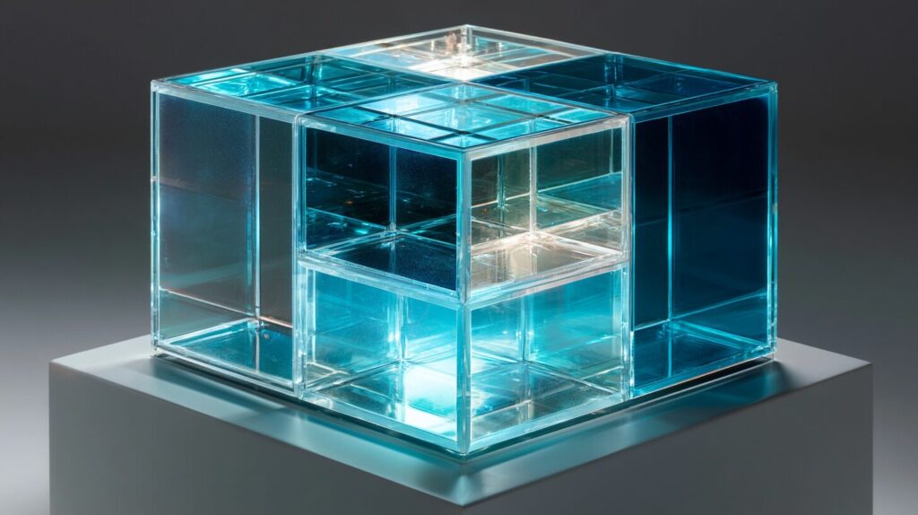 A translucent block with internal modular compartments softly lit differently, representing the modular monolith architecture pattern.
