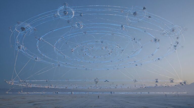 A swarm of translucent geometric drones flying in formation with light trails, illustrating a collaborative multi-agent AI system.