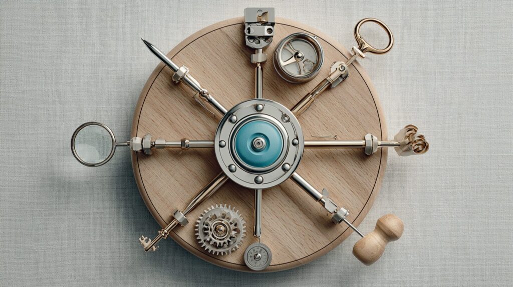 Overhead view of a wooden disc with a central hub and six radiating spokes ending in specialised tools, representing multi-agent orchestration.