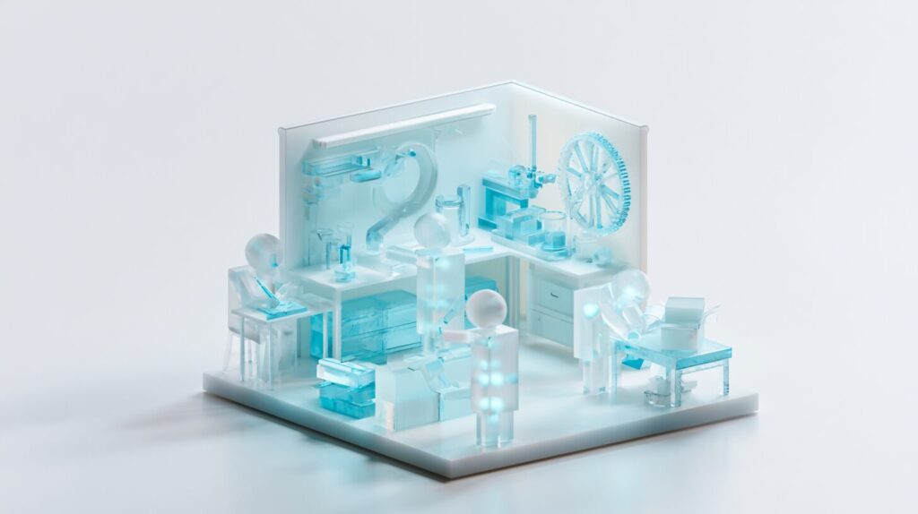 A diorama of a small workshop where distinct translucent figurines perform different tasks, showing specialised multi-agent roles.