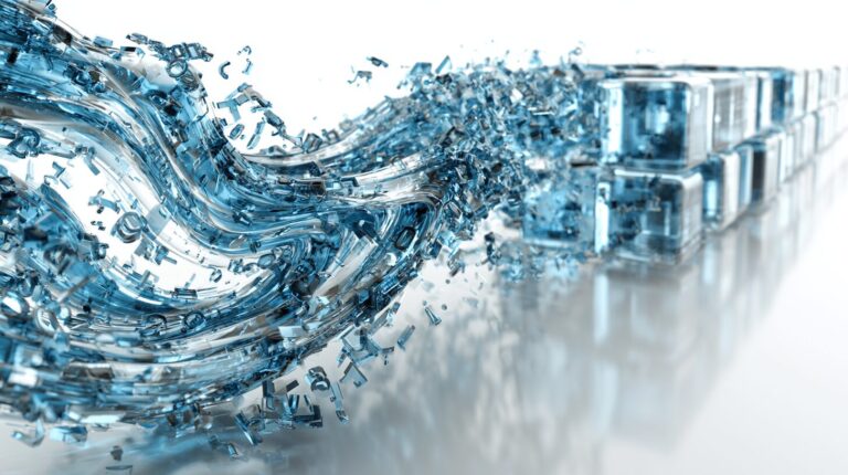 A river of glyphs and punctuation flowing from left and crystallizing into translucent data blocks on the right, symbolising enterprise NLP.