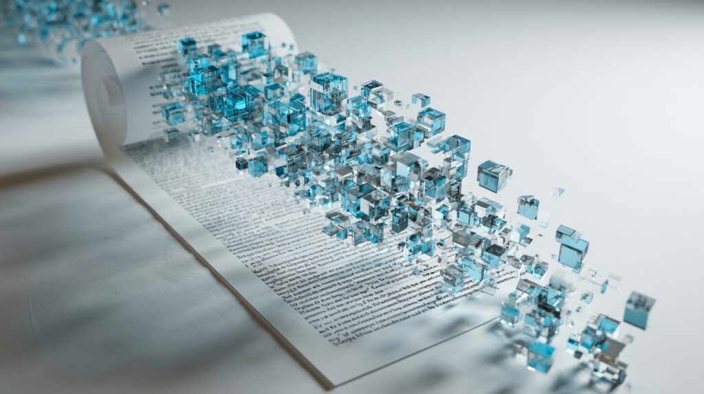 A legal contract document dissolving into clean geometric data chips floating upward, illustrating NLP-powered contract analysis.