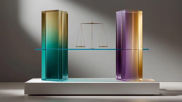 Two translucent pillars with contrasting gradient tints on a white plinth connected by a balanced scale, comparing OpenAI and Anthropic for enterprise AI.