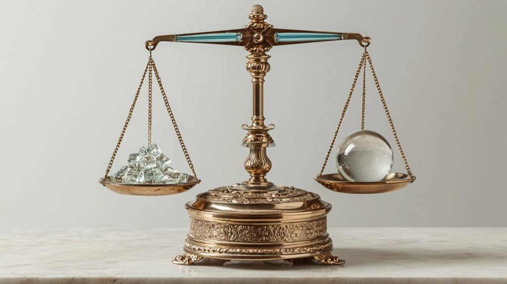 An apothecary brass balance scale on marble with glass cubes on one pan and a single orb on the other, weighing enterprise AI vendor features.