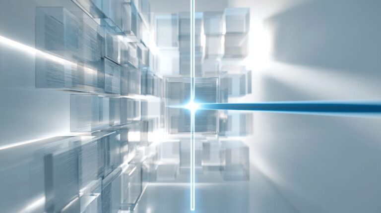 Floating translucent documents in a grid with one sliding toward a glowing query node on a blue light beam, illustrating RAG retrieval.