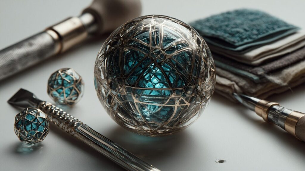 A translucent model sphere being refined by unseen hands with geometric chisels and polishing cloths on a workbench, illustrating fine-tuning.