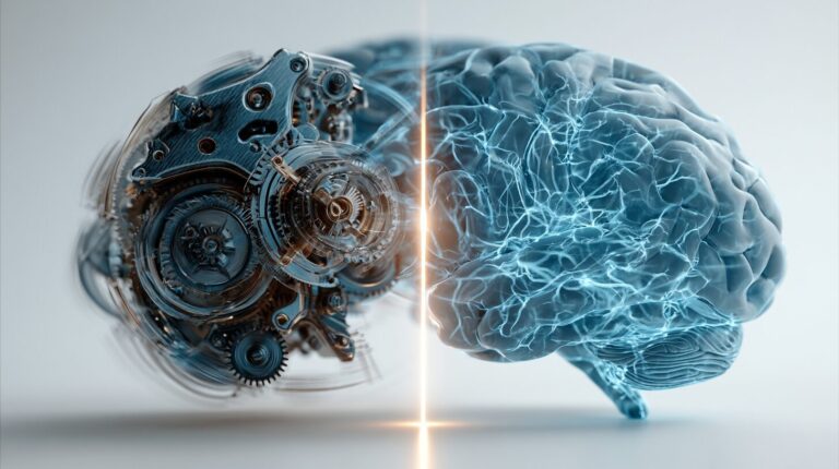 Split scene with mechanical gears on the left and a translucent glowing brain on the right, comparing RPA and AI automation.