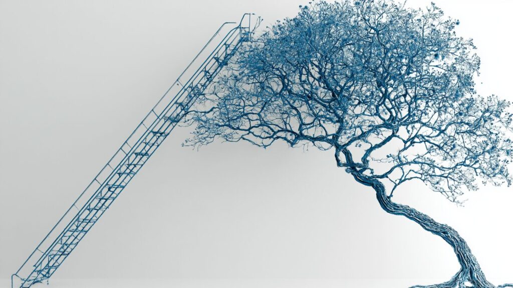 A straight metal ladder on the left and a branching organic tree on the right, symbolising rule-based RPA versus adaptive AI automation.
