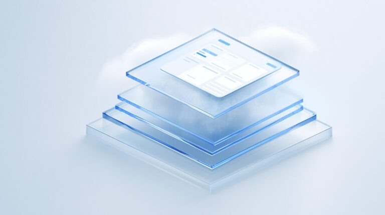An isometric stack of translucent SaaS platforms with a minimalist dashboard on top and cloud mist between layers, representing SaaS development cost tiers.