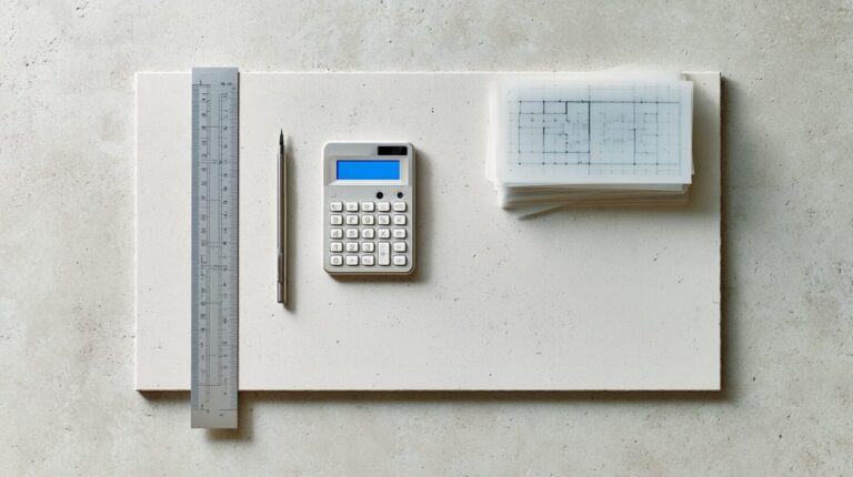 Macro still life of a precision ruler, calculator and translucent blueprint cards on concrete, representing software development cost estimation.
