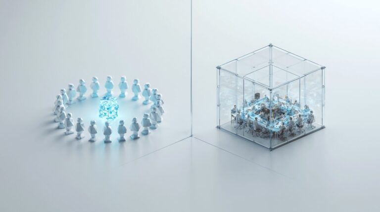A circle of geometric figures with one glowing integrated member on the left and a separate enclosed glass cube team on the right, comparing staff augmentation and outsourcing.