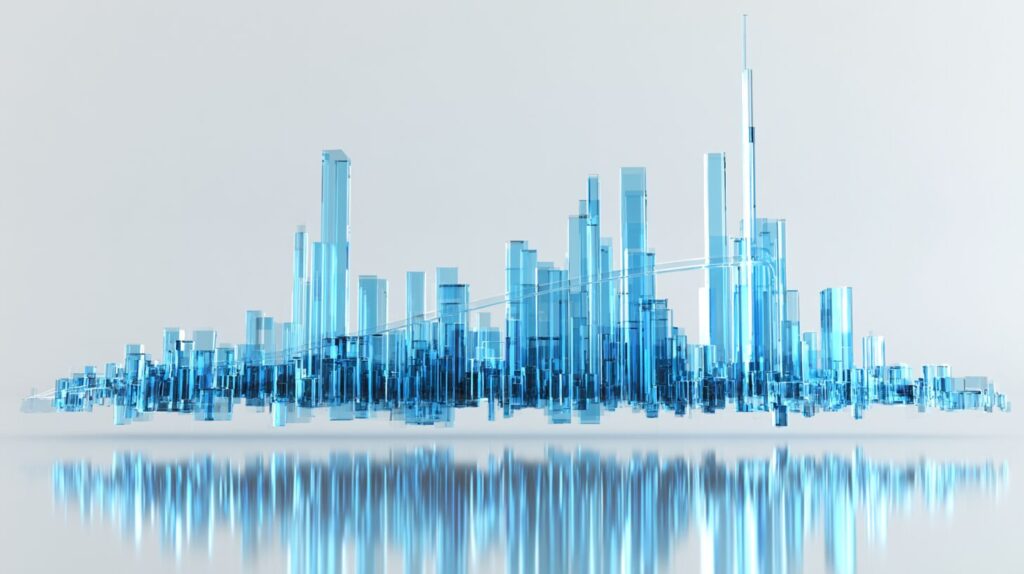 Abstract glass histogram of translucent blue bars on a mirrored surface, visualising the distribution of AI project costs across percentiles.