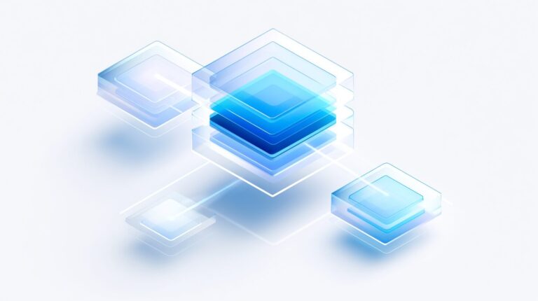 Isometric exploded view of five translucent glass layers representing infrastructure, protocol, smart contract, dApp and interface tiers of a Web3 stack.